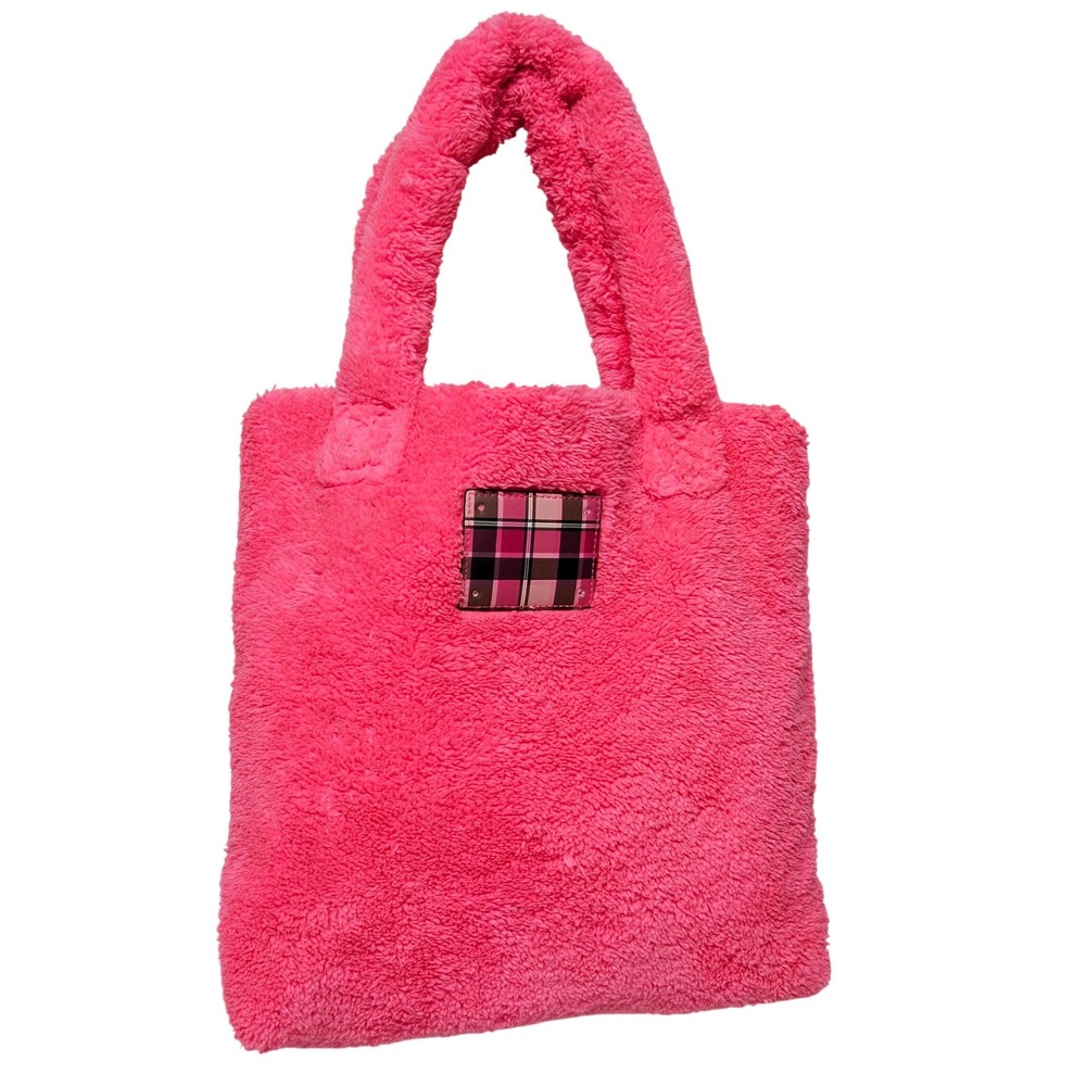 Justice Faux Fur Tote Bag‎ Kids OS Neon Pink Fuzzy Sherpa Plaid Patch A83712